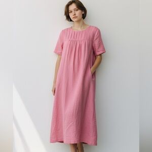 LINDSEY SCOTT pink maxi all linen dress,size medium,pockets, pullover scoop neck